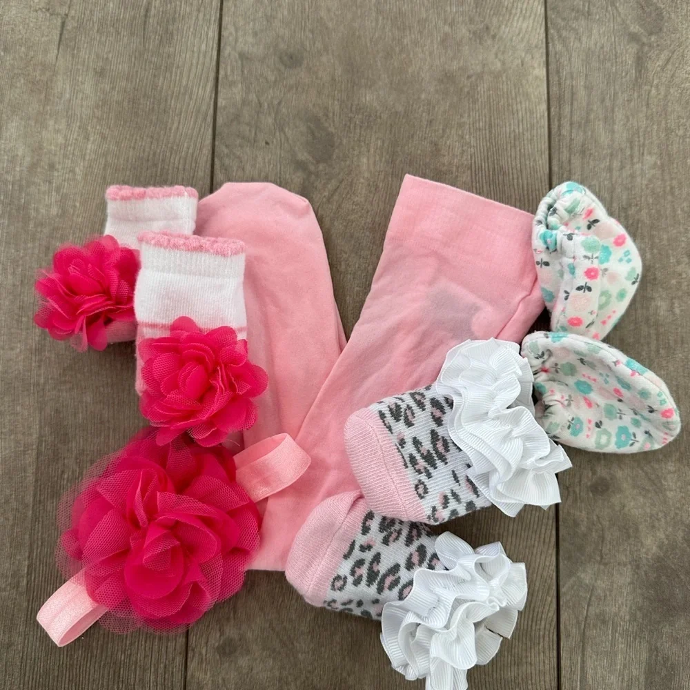 0-6 m baby girl accessory lot -pantyhose, socks bundle, hair piece, hand booties